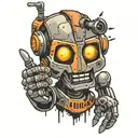 robot with thumbs up but inside head everything is clumsy tattoo design idea