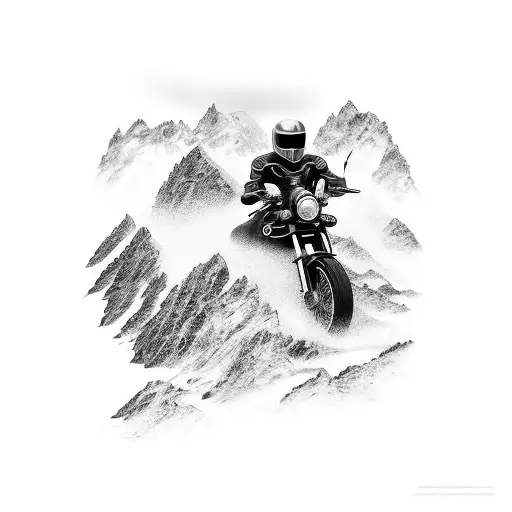 A mesmerizing black-grey tattoo of a motorcycle speeding through a mountain range, capturing the client's love for motorcycles and mountains. tattoo design idea