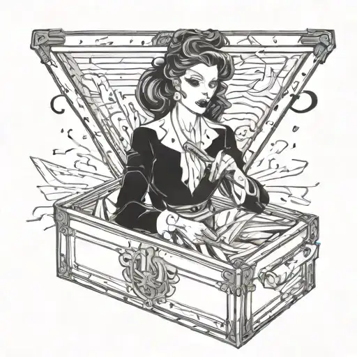 classic woman in magicians box being sawed in half. daggers stuck into the box tattoo design idea