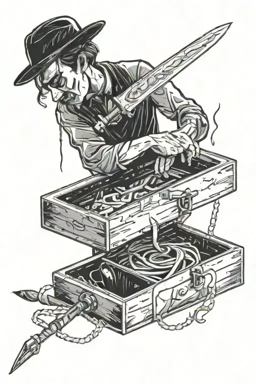 Man inside of magicians box being cut in half, with daggers stuck into the box. traditional style with thinner lines  tattoo design idea