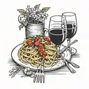 spaghetti dinner setting with wine glasses tattoo design idea