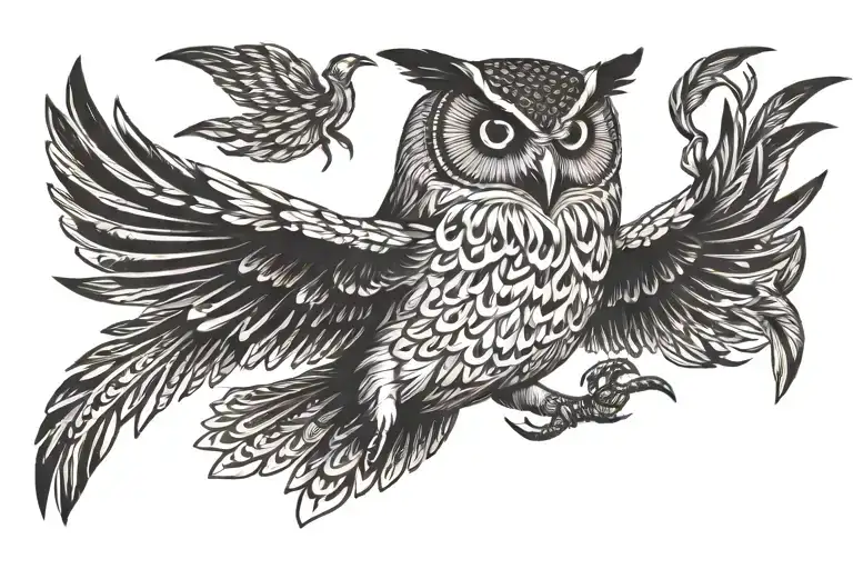owl, raven flying tattoo design idea