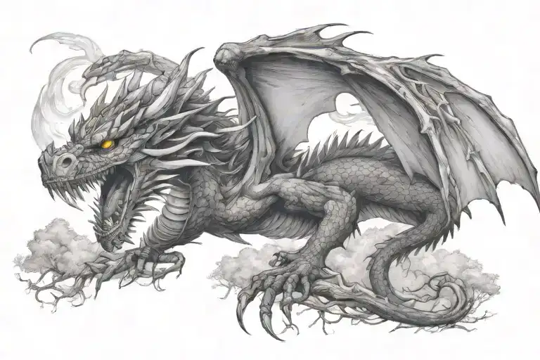 A mystical tattoo design of a dragon breathing fire onto a landscape filled with arrowheads and trees tattoo design idea