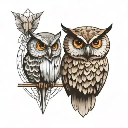 one owl half realistic body and the other half geometric design tattoo design idea