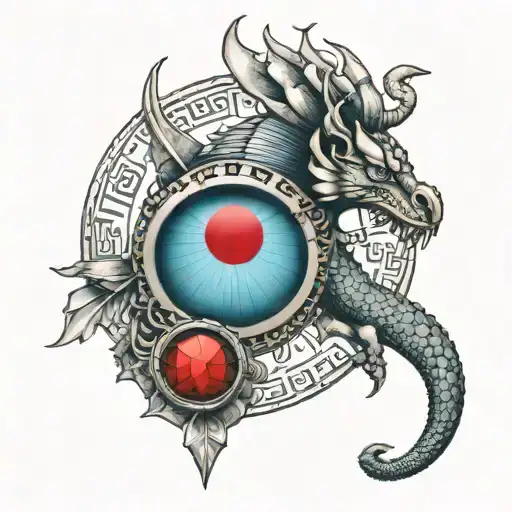 Egyptian circle on wrist, going into a dragon up the arm on to cheat, blue eye, red cross tattoo design idea
