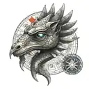 Egyptian circle on wrist, going into a dragon up the arm on to cheat, blue eye, red cross tattoo design idea