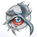Egyptian circle on wrist, going into a dragon up the arm on to cheat, blue eye, red cross tattoo design idea