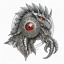 Egyptian circle on wrist, going into a dragon up the arm on to cheat, blue eye, red cross tattoo design idea