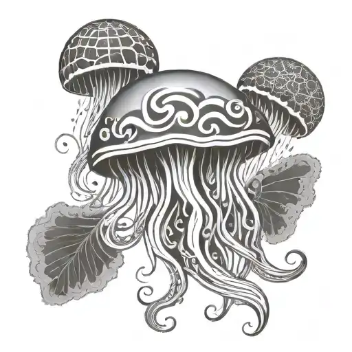 A jellyfish with grateful dead inspired patterns and symbols tattoo design idea