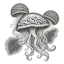 A jellyfish with grateful dead inspired patterns and symbols tattoo design idea