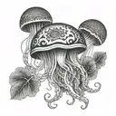 A jellyfish with grateful dead inspired patterns and symbols tattoo design idea