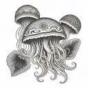 A jellyfish with grateful dead inspired patterns and symbols tattoo design idea