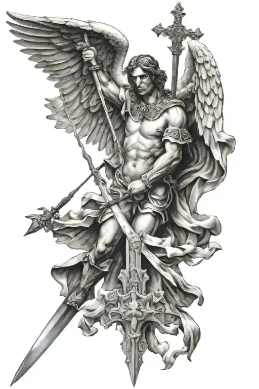 Cross and angel holding a sword tattoo design idea
