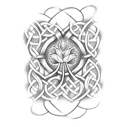 purple thistle, yellow rose and shamrock with stems intertwined in a celtic font spelling the letters KND tattoo design idea