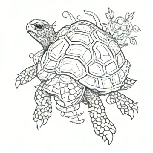 Eine fröhliche kleine Schildkröte mit jewels einem Wander Stock in ihren Händen und sie läuft, rechts neben der Schildkr tattoo design idea