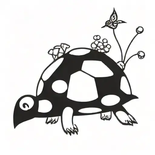 Eine fröhliche kleine Schildkröte mit jewels einem Wander Stock in ihren Händen und sie läuft, rechts neben der Schildkr tattoo design idea