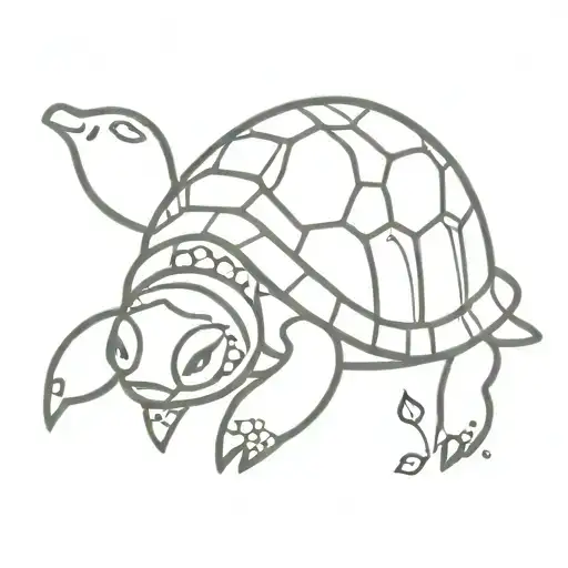 Eine fröhliche kleine Schildkröte mit jewels einem Wander Stock in ihren Händen und sie läuft, rechts neben der Schildkr tattoo design idea