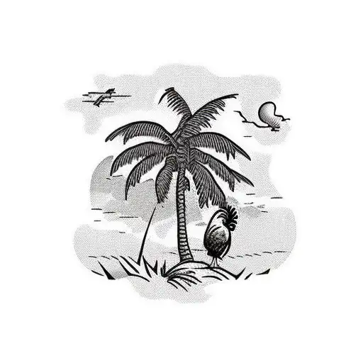 palm trees , hammock, with a little rooster on the ground tattoo design idea