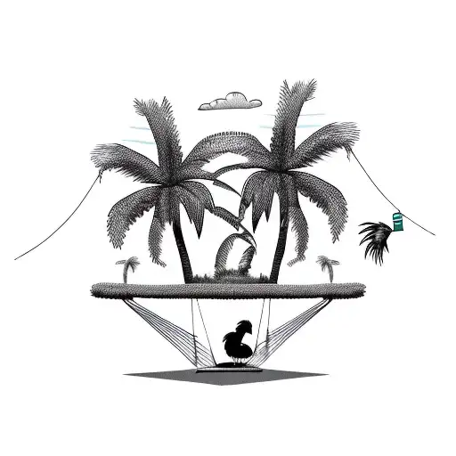 palm trees , hammock, with a little rooster on the ground tattoo design idea