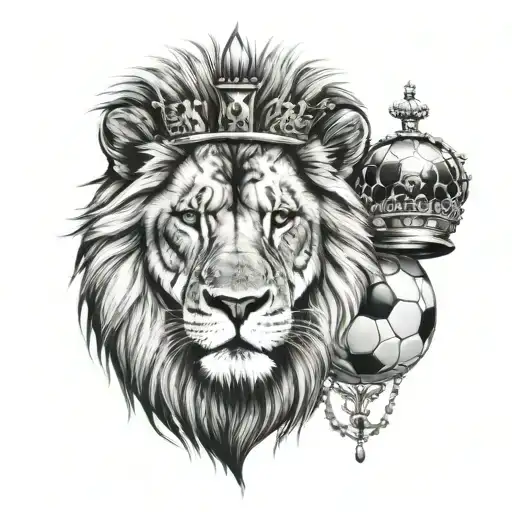 huge lion and a large soccer ball with a vertical crown tattoo design idea