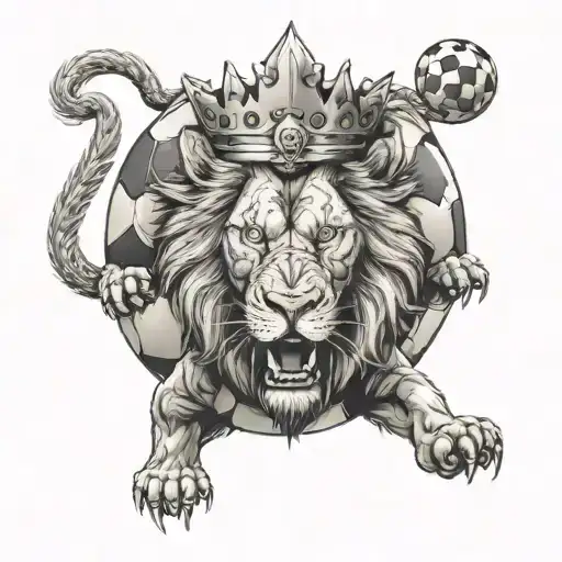 huge lion with open and angry mouth and a large soccer ball with a vertical crown tattoo design idea