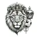 huge lion and a large soccer ball with a vertical crown tattoo design idea