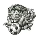 huge lion and a large soccer ball with a vertical crown tattoo design idea