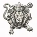 huge lion with open and angry mouth and a large soccer ball with a vertical crown tattoo design idea