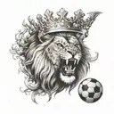 huge lion with open and angry mouth and a large soccer ball with a vertical crown tattoo design idea