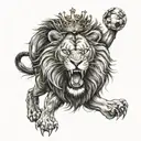 huge lion with open and angry mouth and a large soccer ball with a vertical crown tattoo design idea