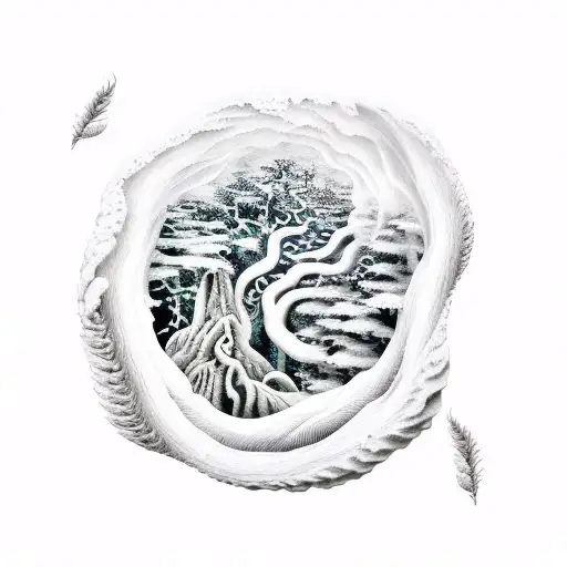 spiral ocean and forest and mountains  tattoo design idea