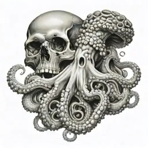 realistic octopus guarding human skull tattoo design idea