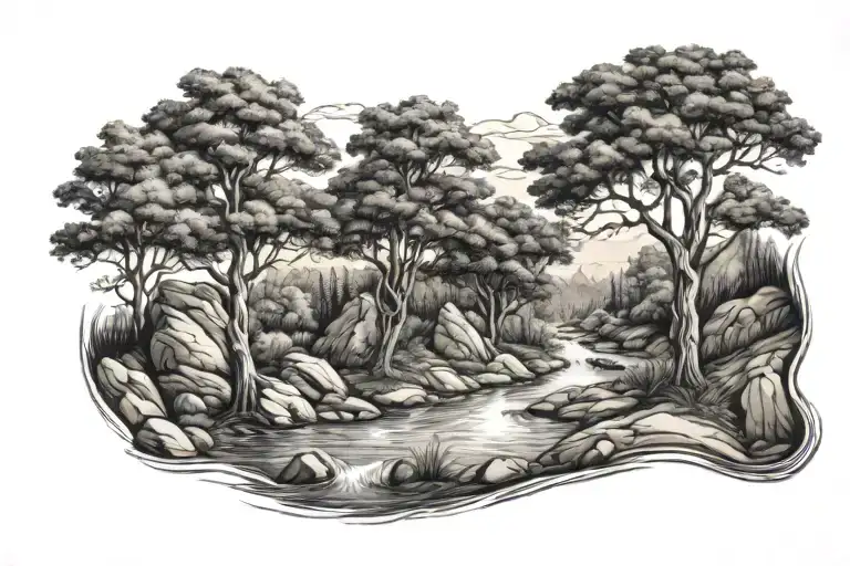 trees with river flowing tattoo design idea