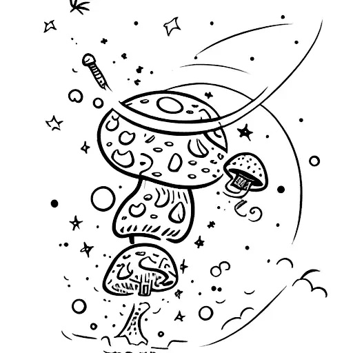 "Tattoo sketch: Cartoon mushroom shooting a star. Primitive style, easy to draw. A lively and vibrant character symboliz tattoo design idea