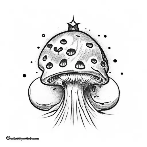 "Tattoo sketch: Cartoon mushroom shooting a star. Primitive style, easy to draw. A lively and vibrant character symboliz tattoo design idea