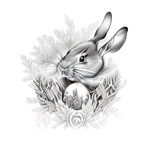 A traditional tattoo featuring a serene forest landscape with hidden rodent and lagomorph motifs tattoo design idea