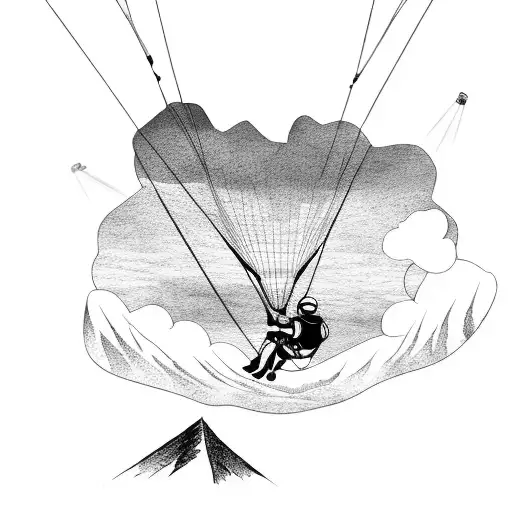 A paraglider gliding over a mountain lake with a trail runner below tattoo design idea
