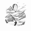 A paraglider gliding over a mountain lake with a trail runner below tattoo design idea