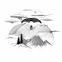 A paraglider gliding over a mountain lake with a trail runner below tattoo design idea