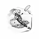 A paraglider gliding over a mountain lake with a trail runner below tattoo design idea