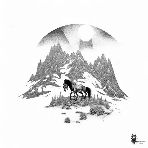 mountain landscape with skeleton horse and cowboy tattoo design idea