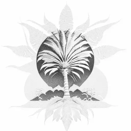 A majestic palm tree with intricate leaf patterns against a setting sun backdrop tattoo design idea