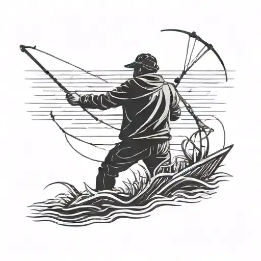 side profile silluette of fisherman casting his line somewhat minimilist style  tattoo design idea