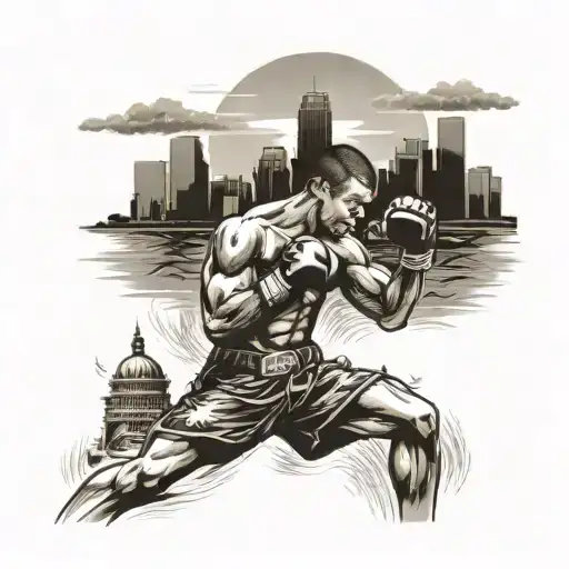 A Muay Thai fighter surrounded by the iconic Los Angeles skyline tattoo design idea