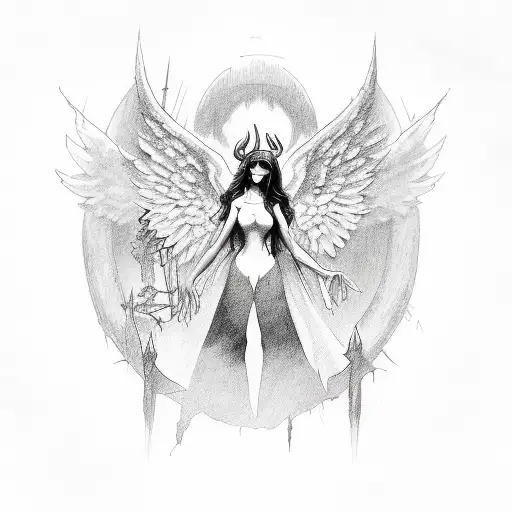 A hauntingly beautiful angel with devil horns tattoo design idea