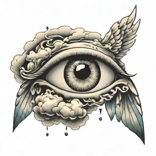 clouds tear drop from an eye ball and wings made tattoo design idea