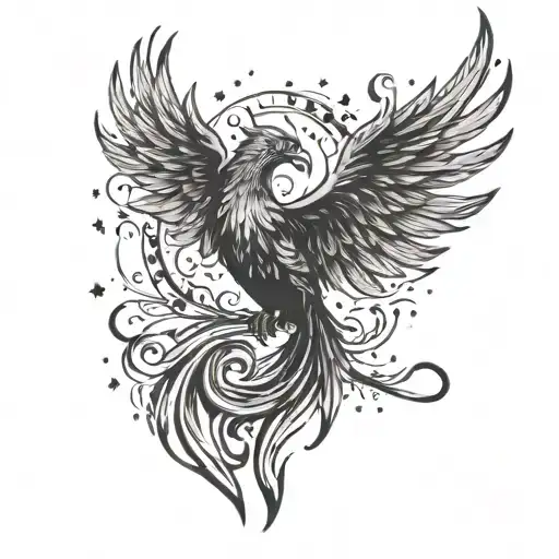 A tattoo design of a phoenix rising from the ashes symbolizing recovery, with stars in the background tattoo design idea