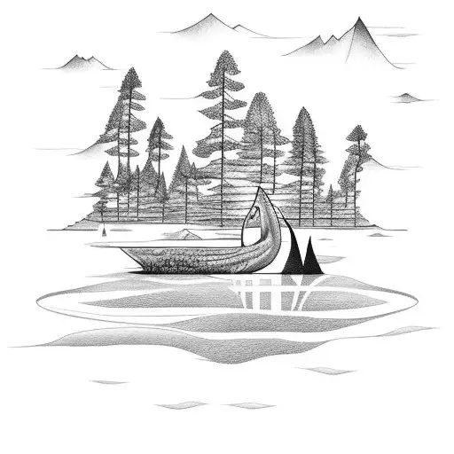 bosque con un lago con un barco ardiendo tattoo design idea
