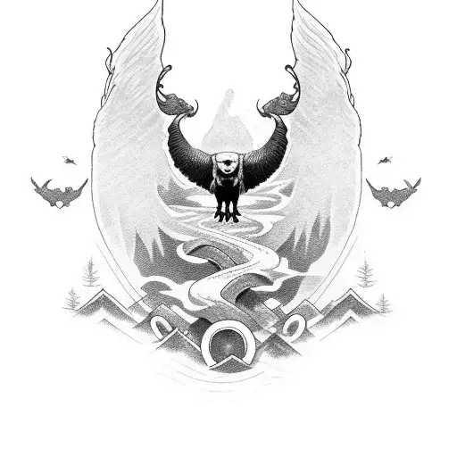 odin con cuervos en un lago con un barco vikingo ardiendo tattoo design idea