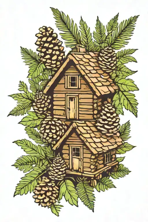 pine cones, ferns, log cabin tattoo tattoo design idea